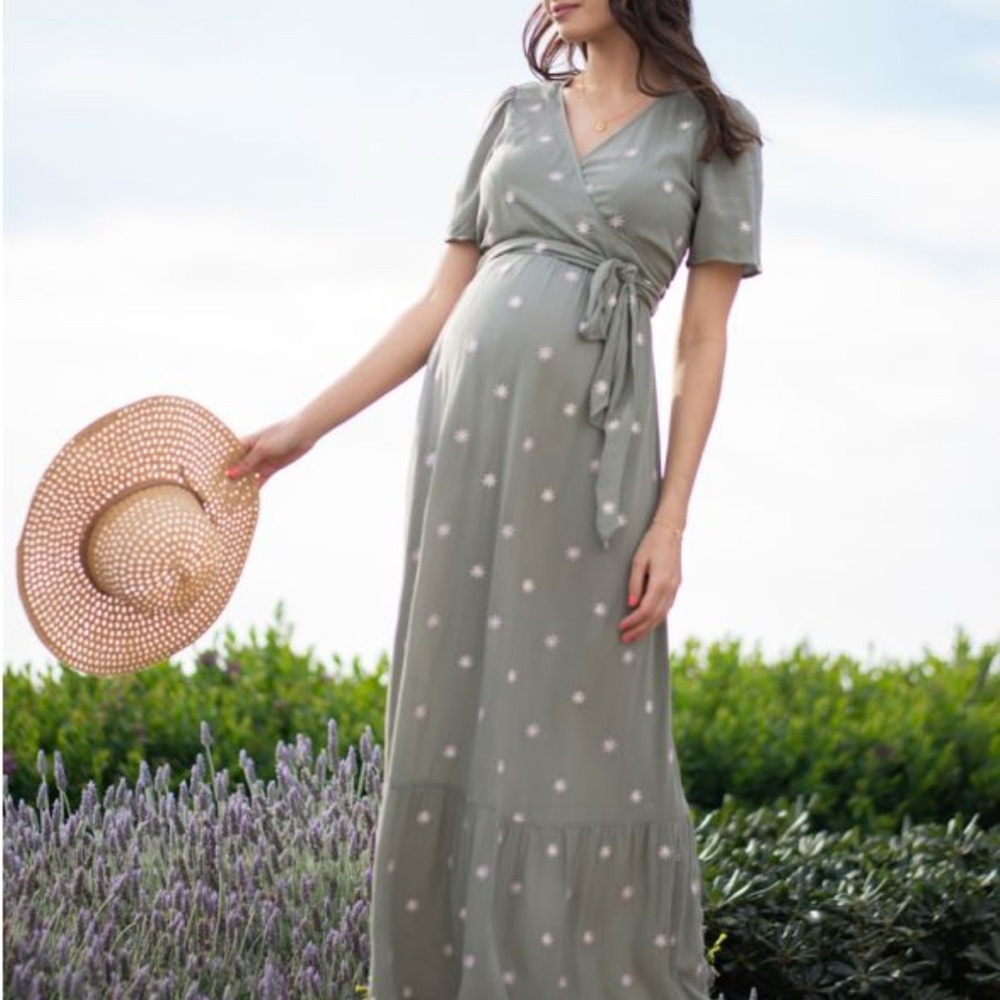 Sage Green Khaki Woven Maternity & Nursing Maxi Dress